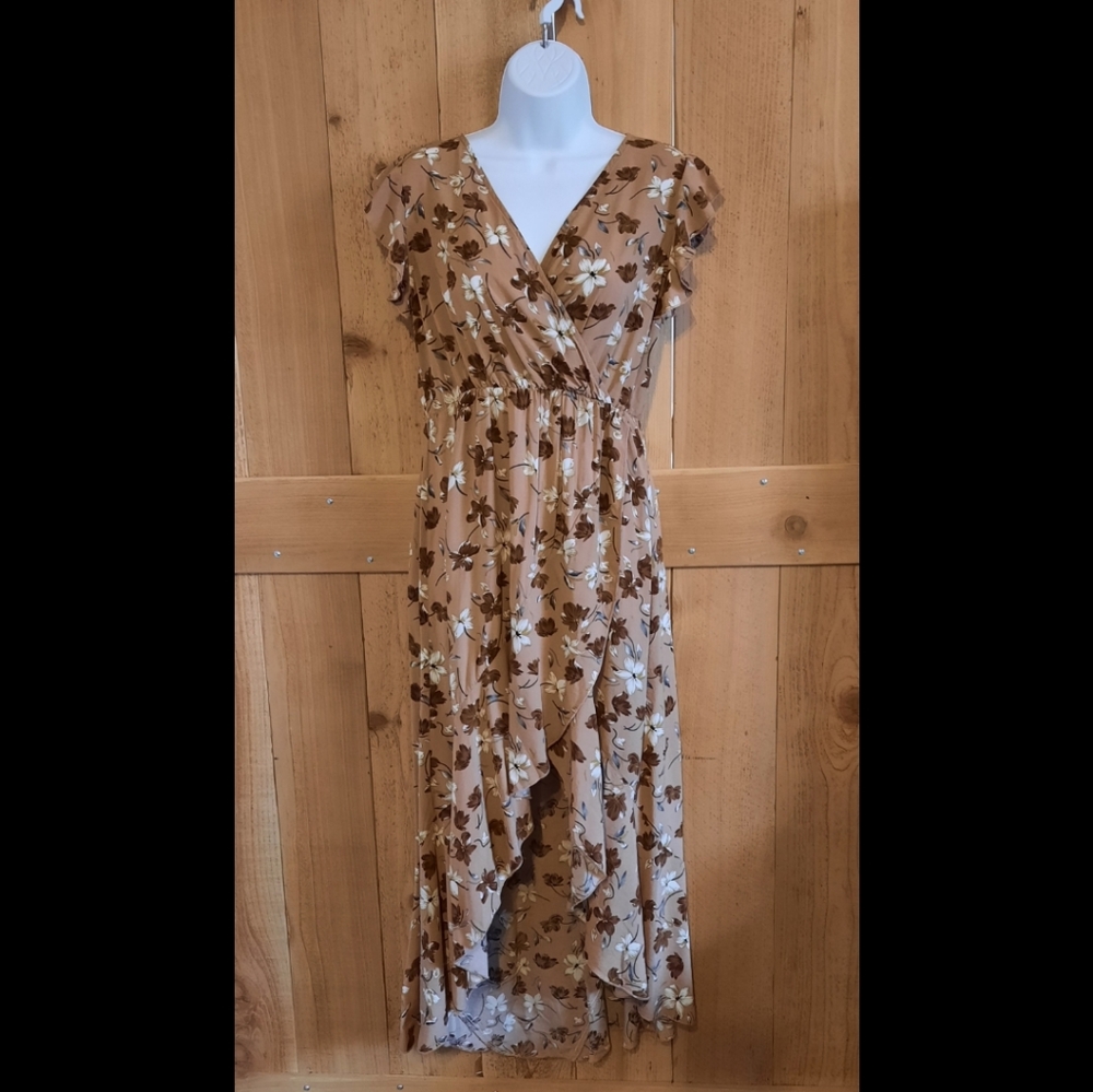 Brown Floral Faux Wrap Dress